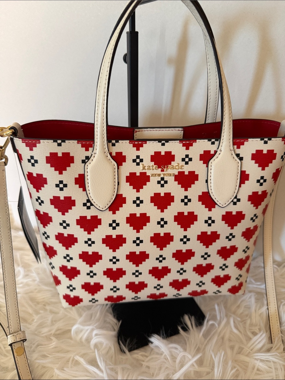 kate spade Cream Tote with Red Heart Pixel Print